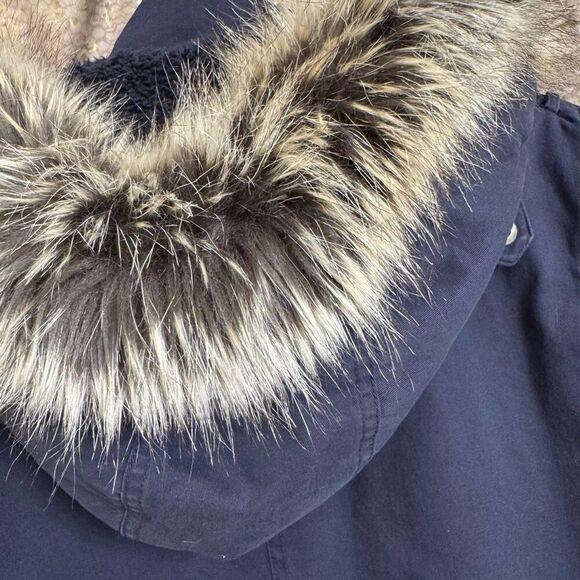 BCBGeneration Navy Blue Hooded Faux Fur Trim Anorak Parka Coat Large - Picture 6 of 10
